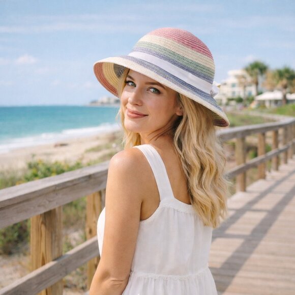 Isaac Mizrahi Pastel Striped Sun Hat | Wide Brim Summer Beach Hat